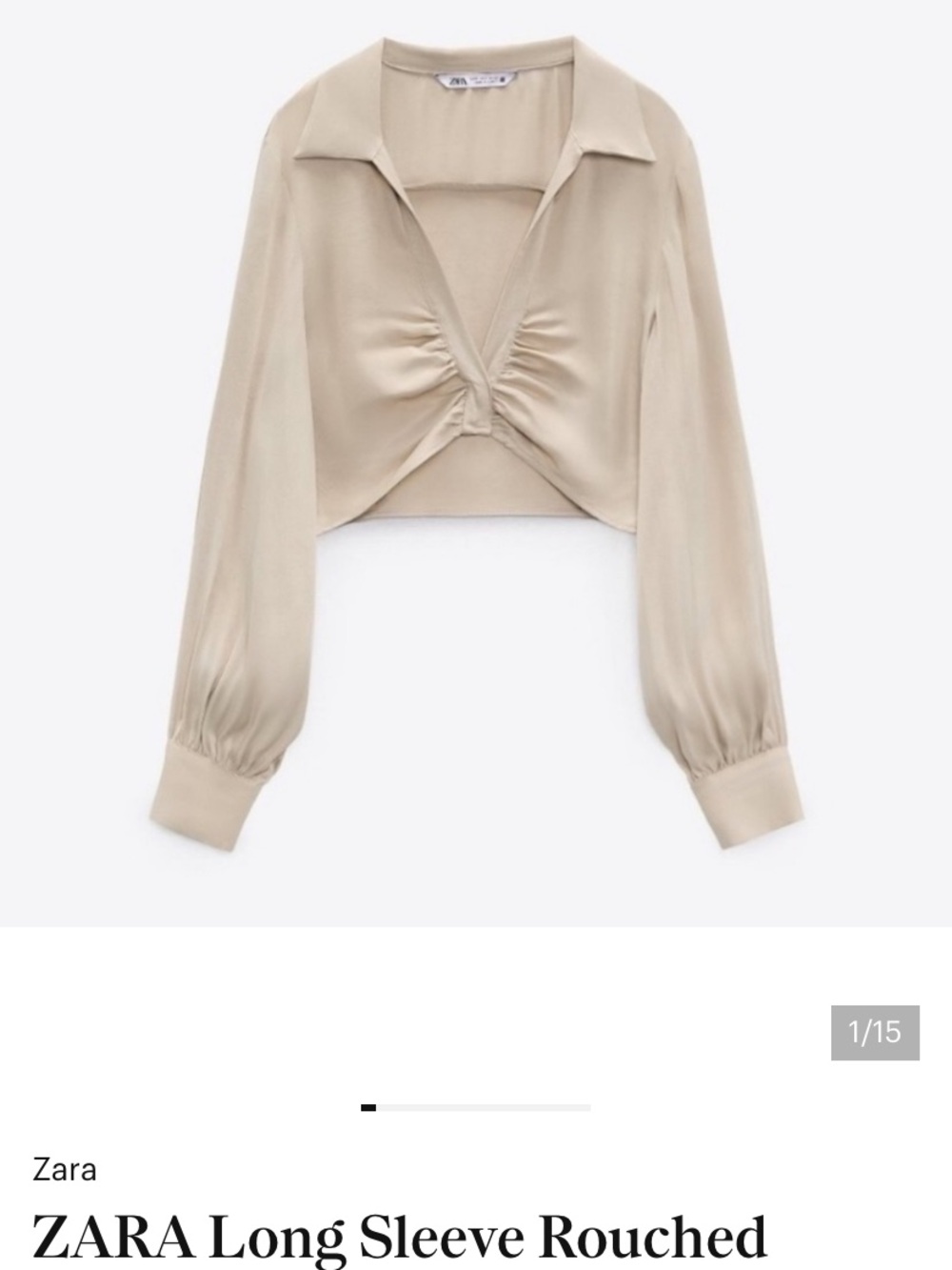 Zara Sand Beige Long-Sleeve Ruched V-Neck Crop Blouse M - Picture 2 of 5